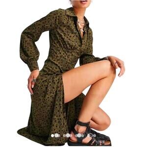 Retro 90's Floral Black Olive Button Front Shirt Dress Casual Soft Grunge S